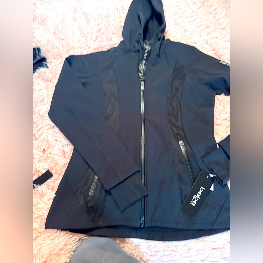 bebe Sport Women Hooded Jacket Fleece Lined Full Zip, Pockets Black Bling
